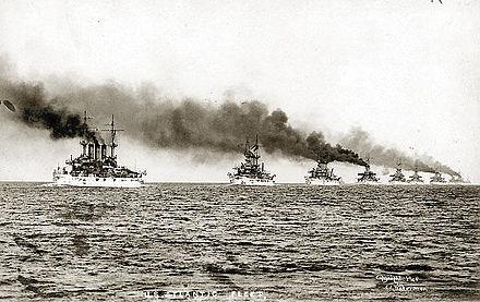 Moment image for The Great White Fleet displays American naval strength during a global journey.