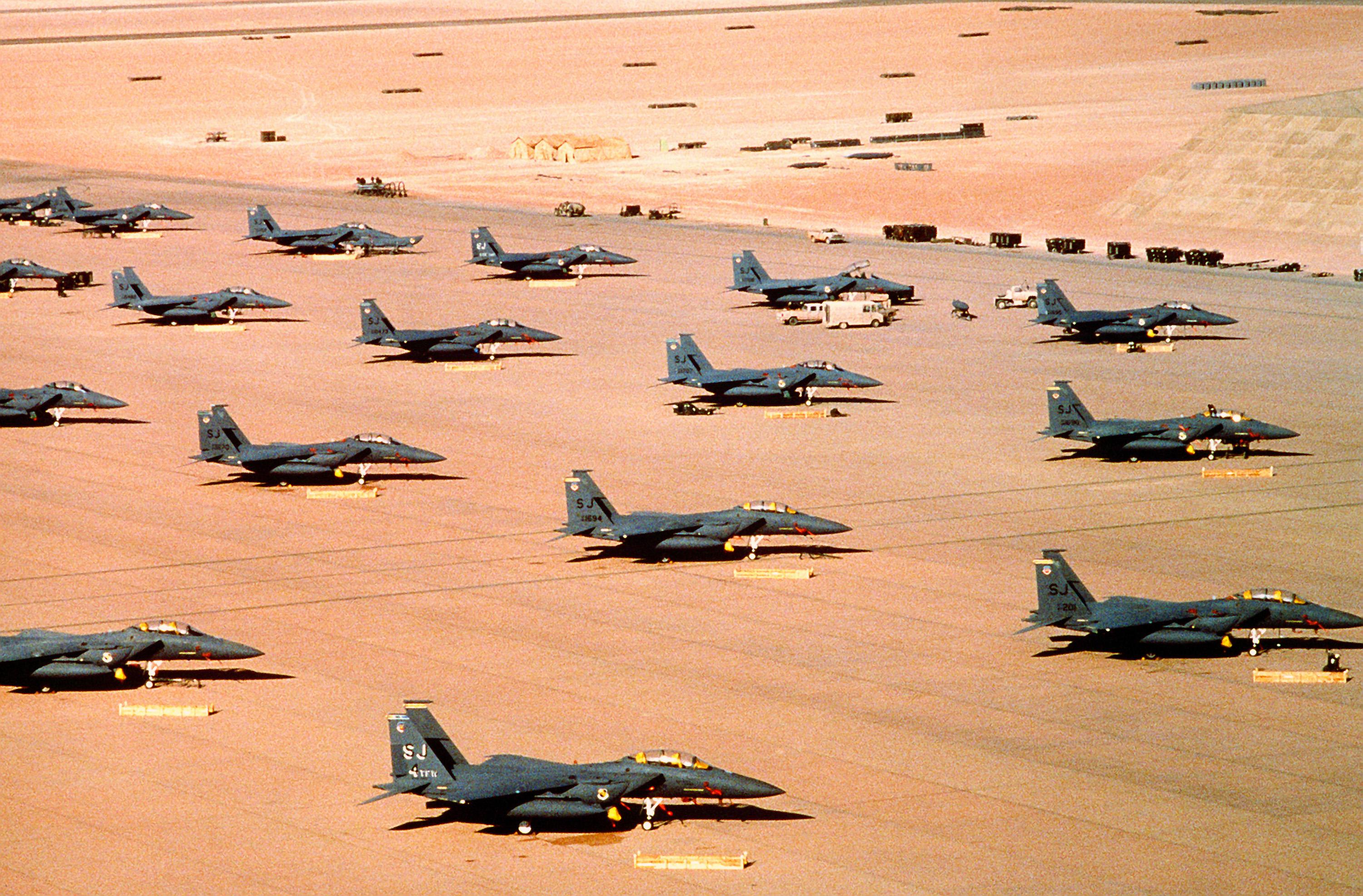Moment image for Gulf War starts with military operation Desert Shield to defend against Iraqi invasion.