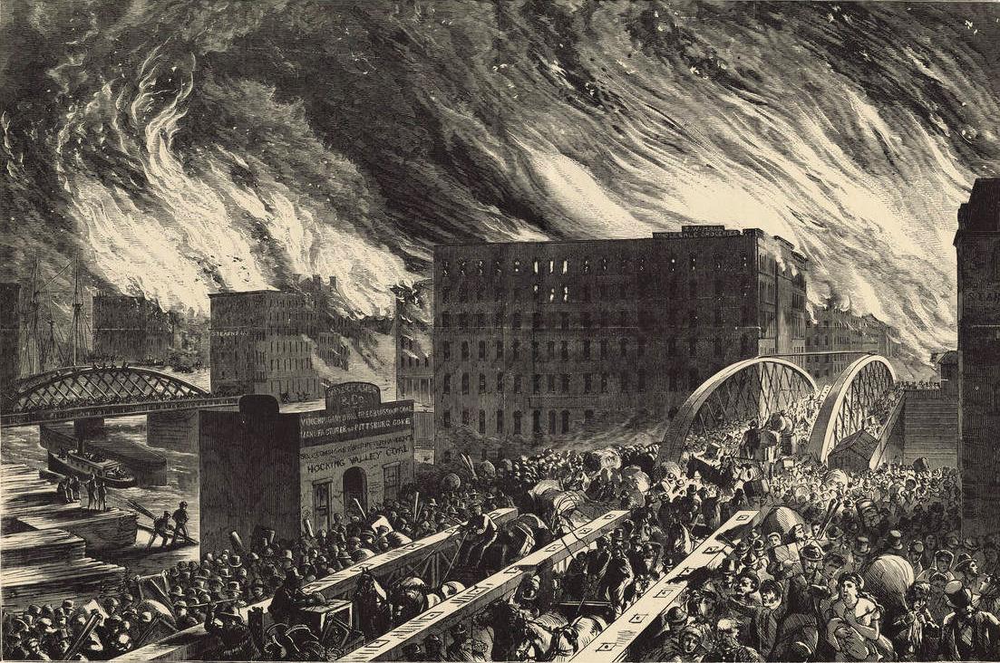 Moment image for Devastating fire destroys Chicago, resulting in widespread destruction and significant reconstruction efforts.