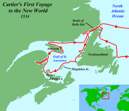 Jacques Cartier claims Gulf of Saint Lawrence for France in exploration journey.