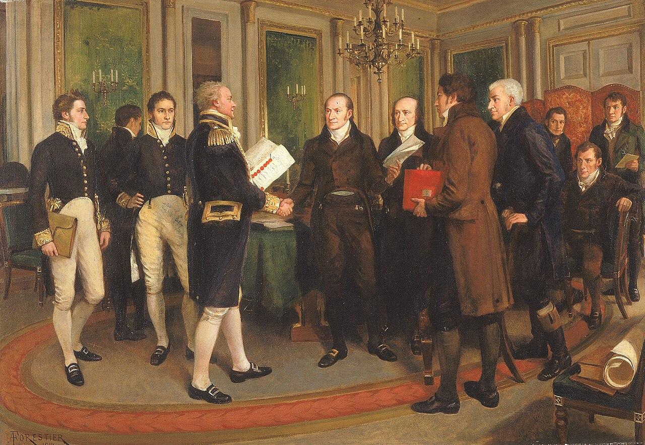 Moment image for Treaty of Ghent ends War of 1812, establishes pre-war borders between US and Canada.