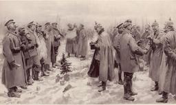 Legendary "Christmas Truce" takes place on the battlefields of WWI between British and German troops. Instead of fighting, soldiers exchange gifts and play football