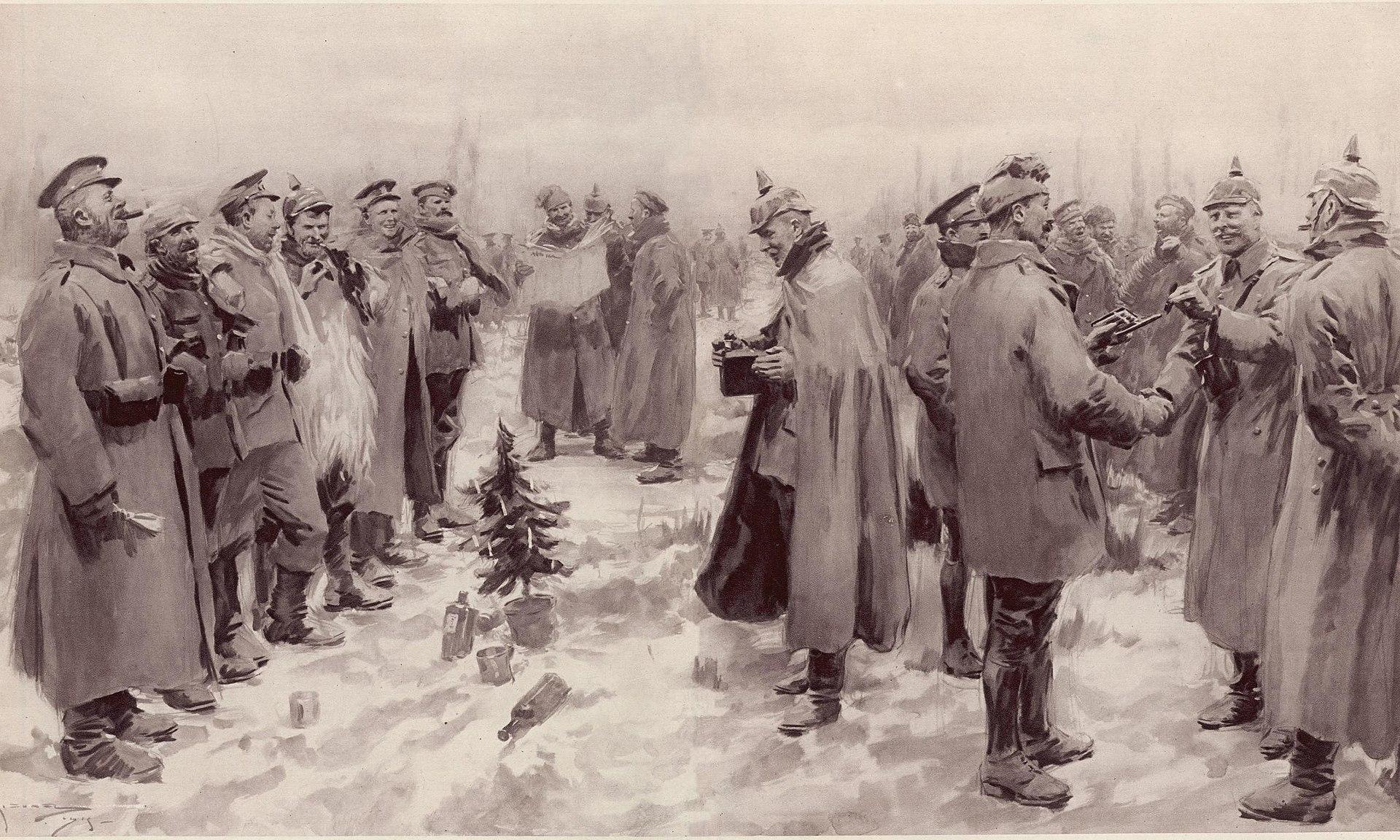 Moment image for Legendary "Christmas Truce" takes place on the battlefields of WWI between British and German troops. Instead of fighting, soldiers exchange gifts and play football
