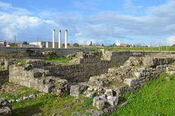 Roman amphitheater complex in Conimbriga displays strong Roman influence in Lusitania region.