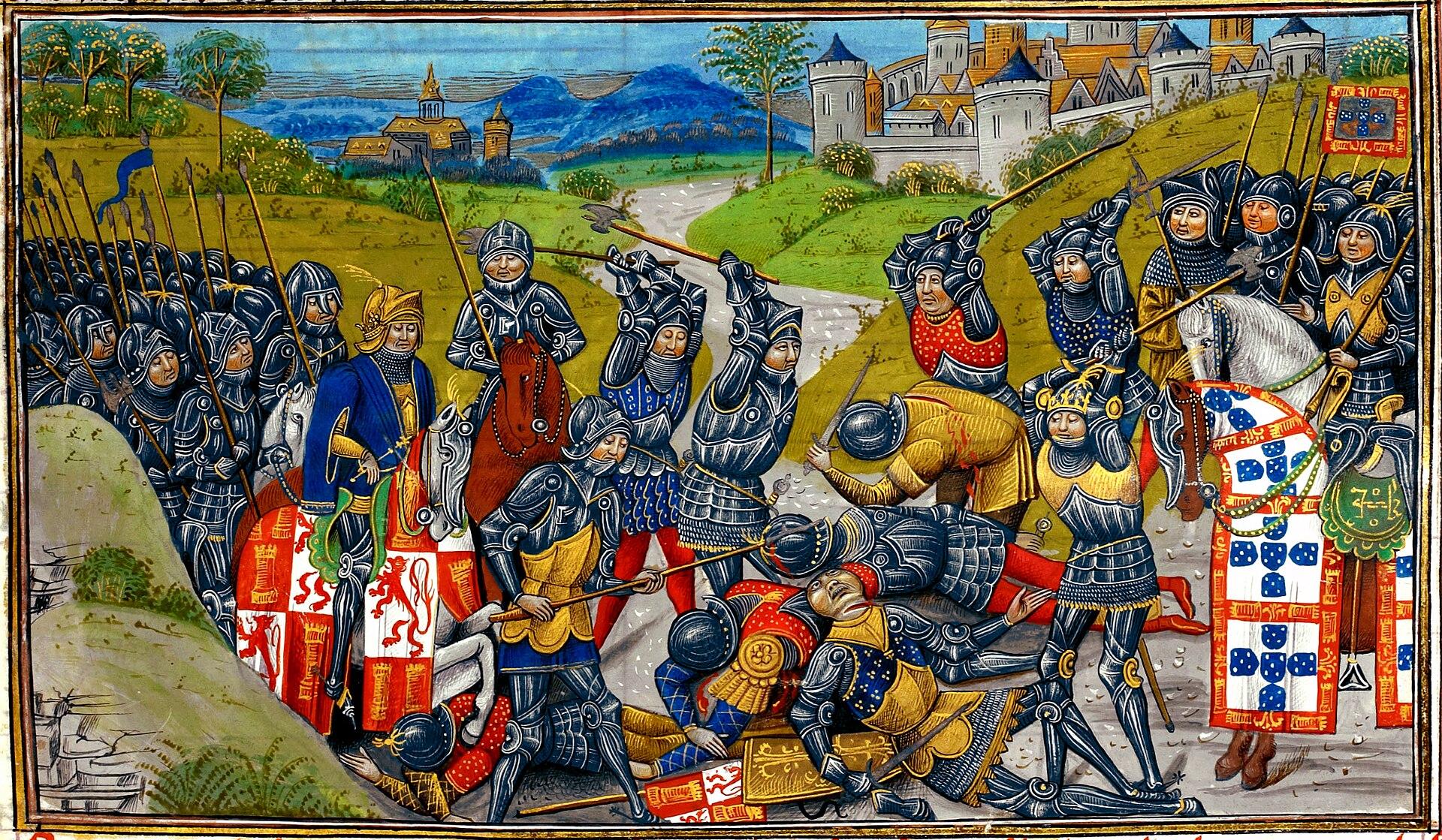 Moment image for Battle of Aljubarrota: John I secures Portuguese throne in significant victory.