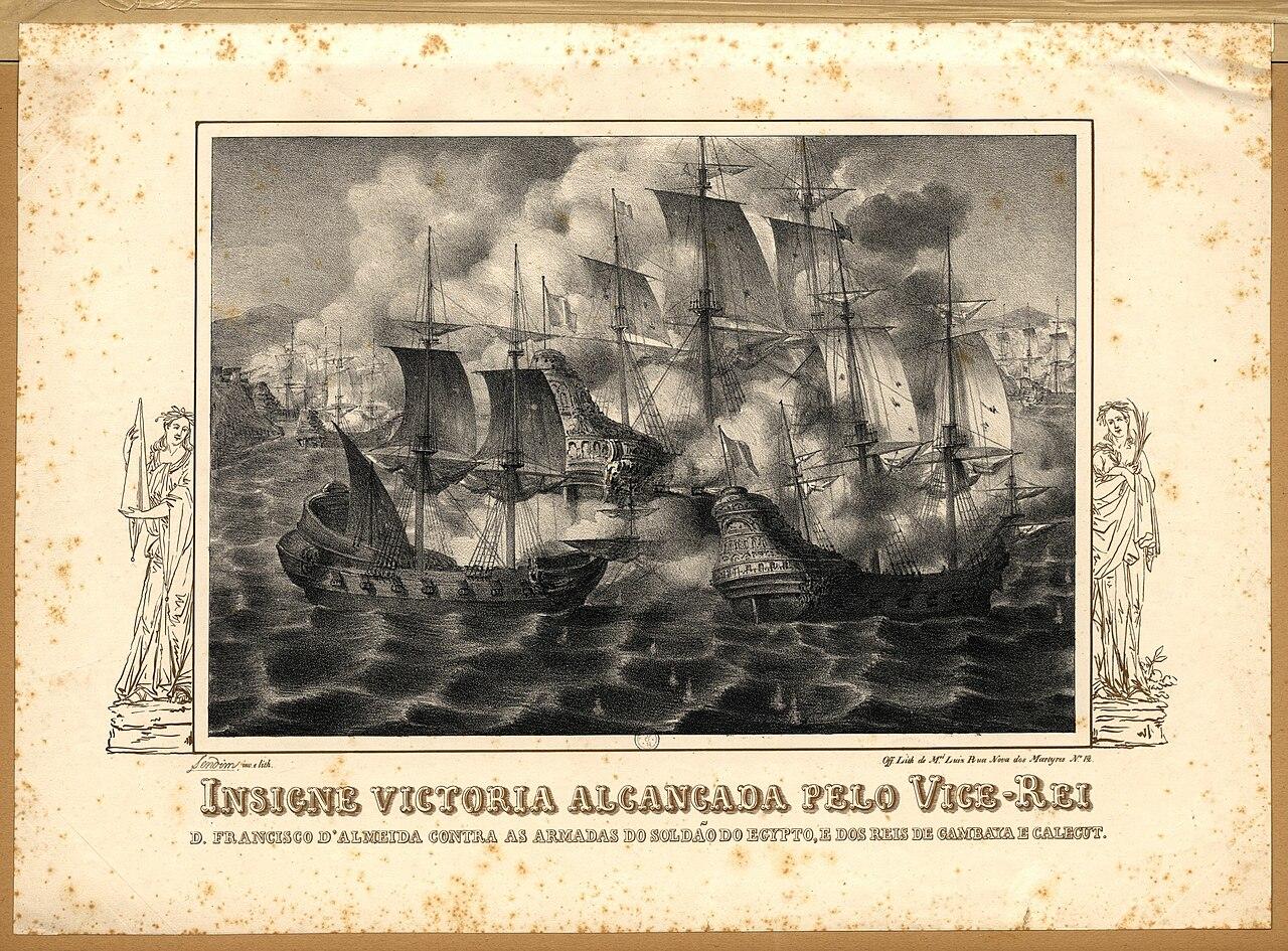 Moment image for Portuguese fleet triumphs over Egyptian-Ottoman fleet in Battle of Diu in naval confrontation.