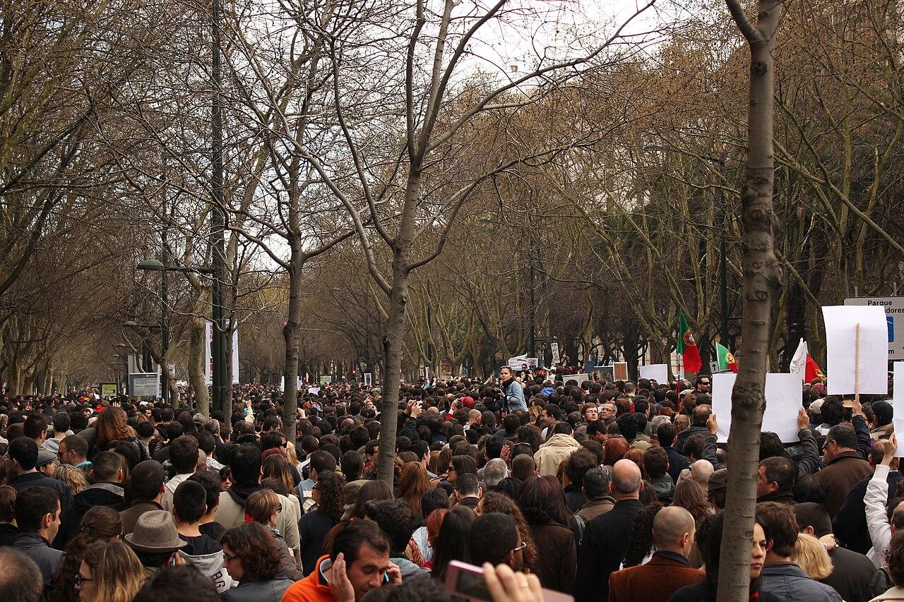 Moment image for Protests erupt in Portugal in 2011 due to austerity measures causing widespread unrest.