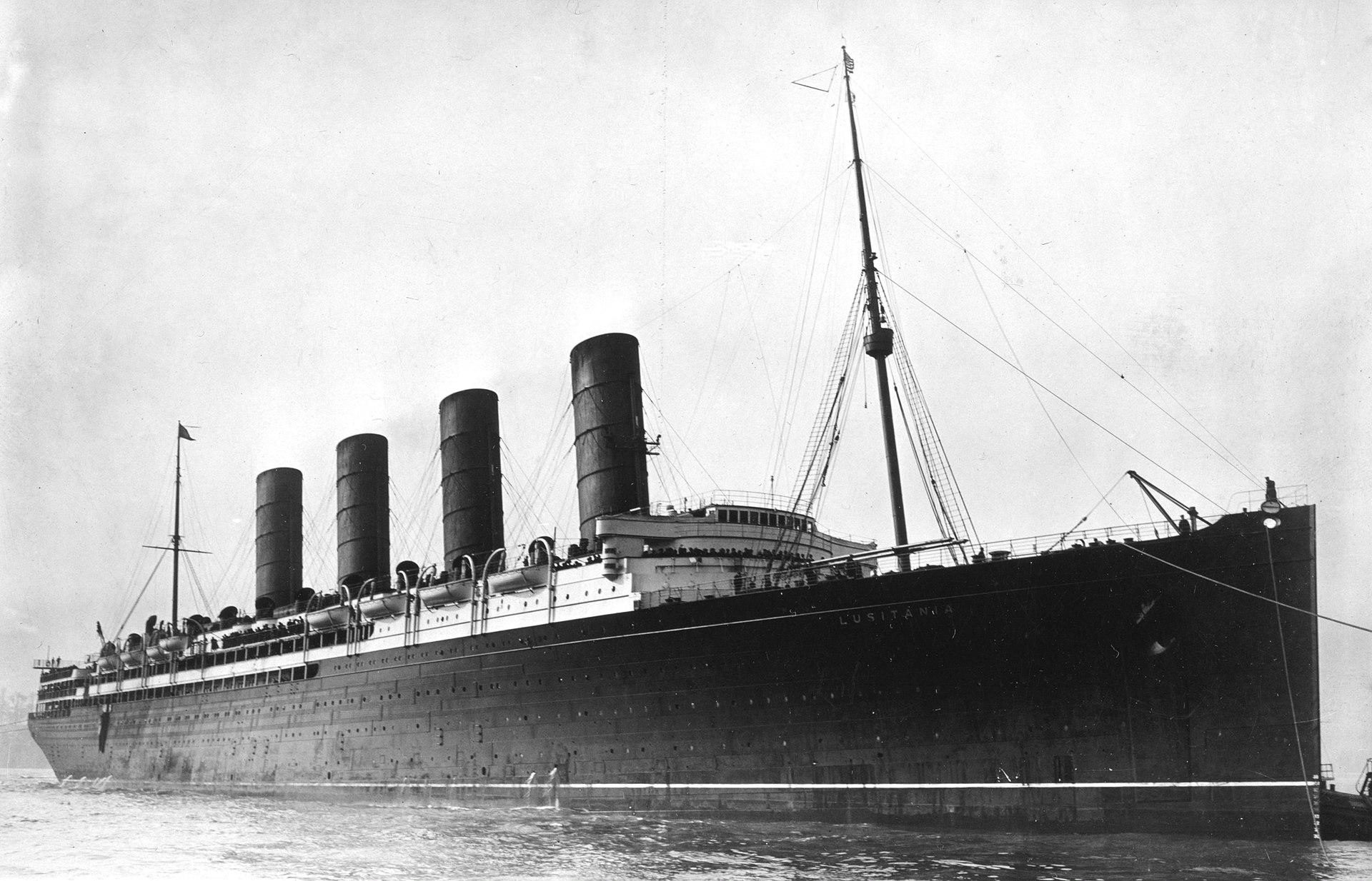 Moment image for RMS Lusitania sunk by German U-boat, escalating tensions with Germany.