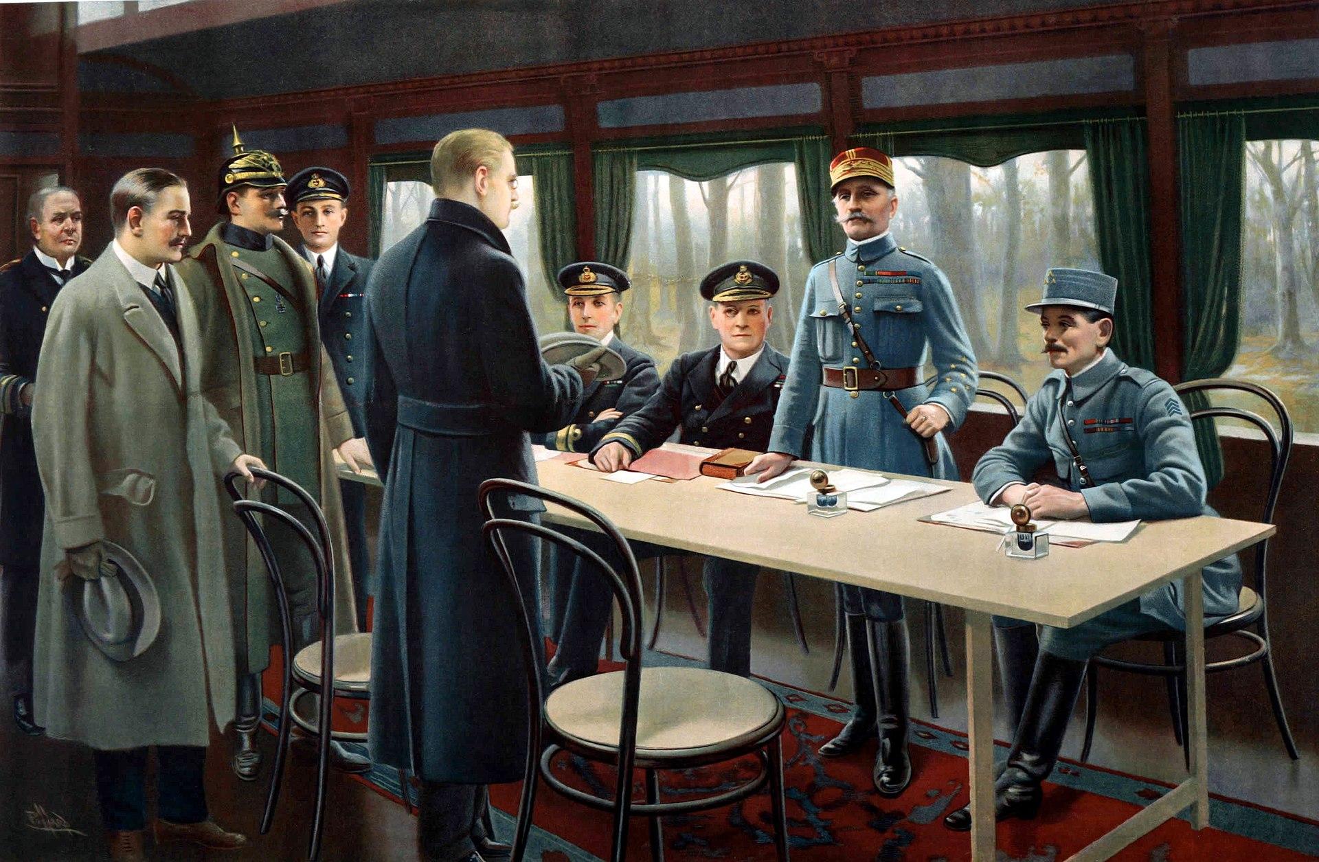 Moment image for Armistice signing ends World War I, sparking UK celebrations.
