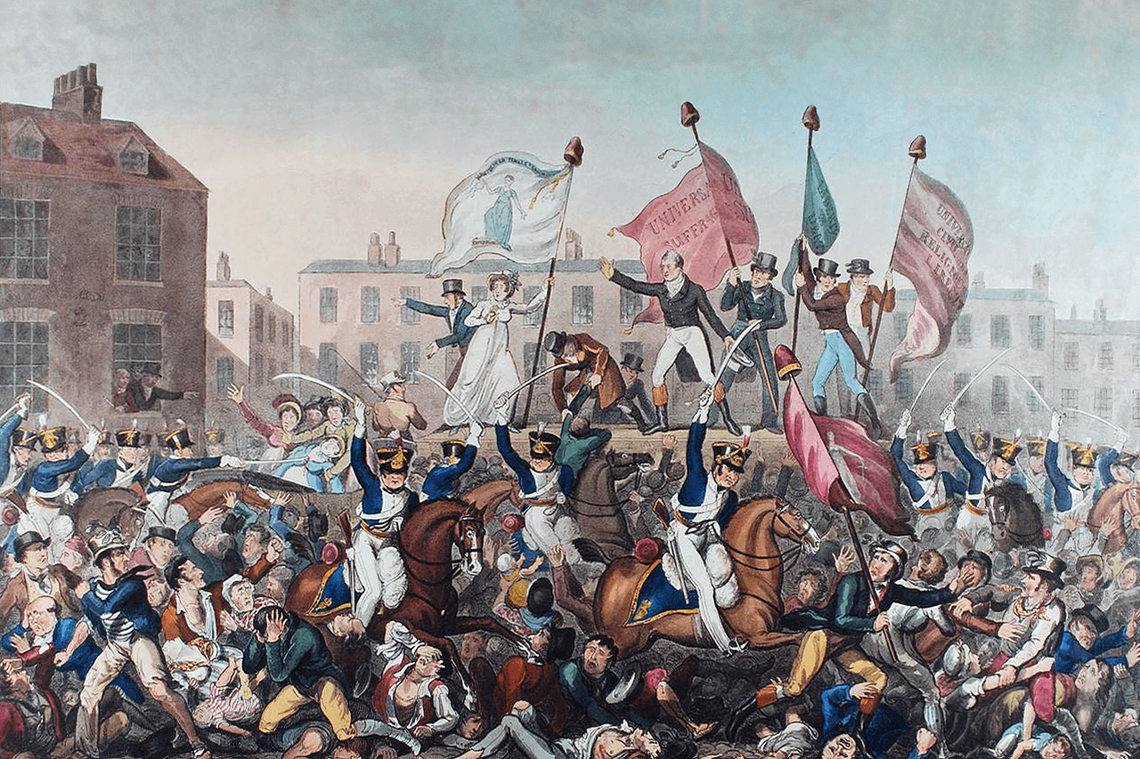 Moment image for Peterloo Massacre: British cavalry charges into Manchester protesters, causing casualties.