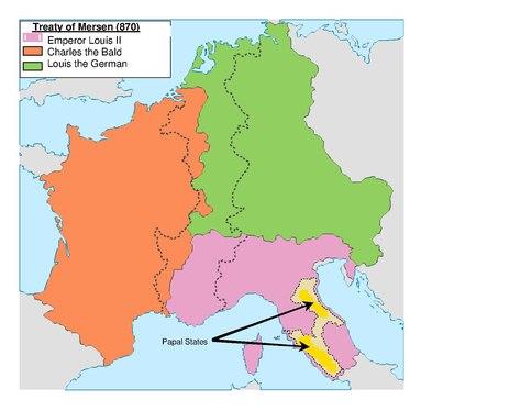 Moment image for Treaty of Meerssen divides Carolingian Empire into smaller territories after signing in 870.
