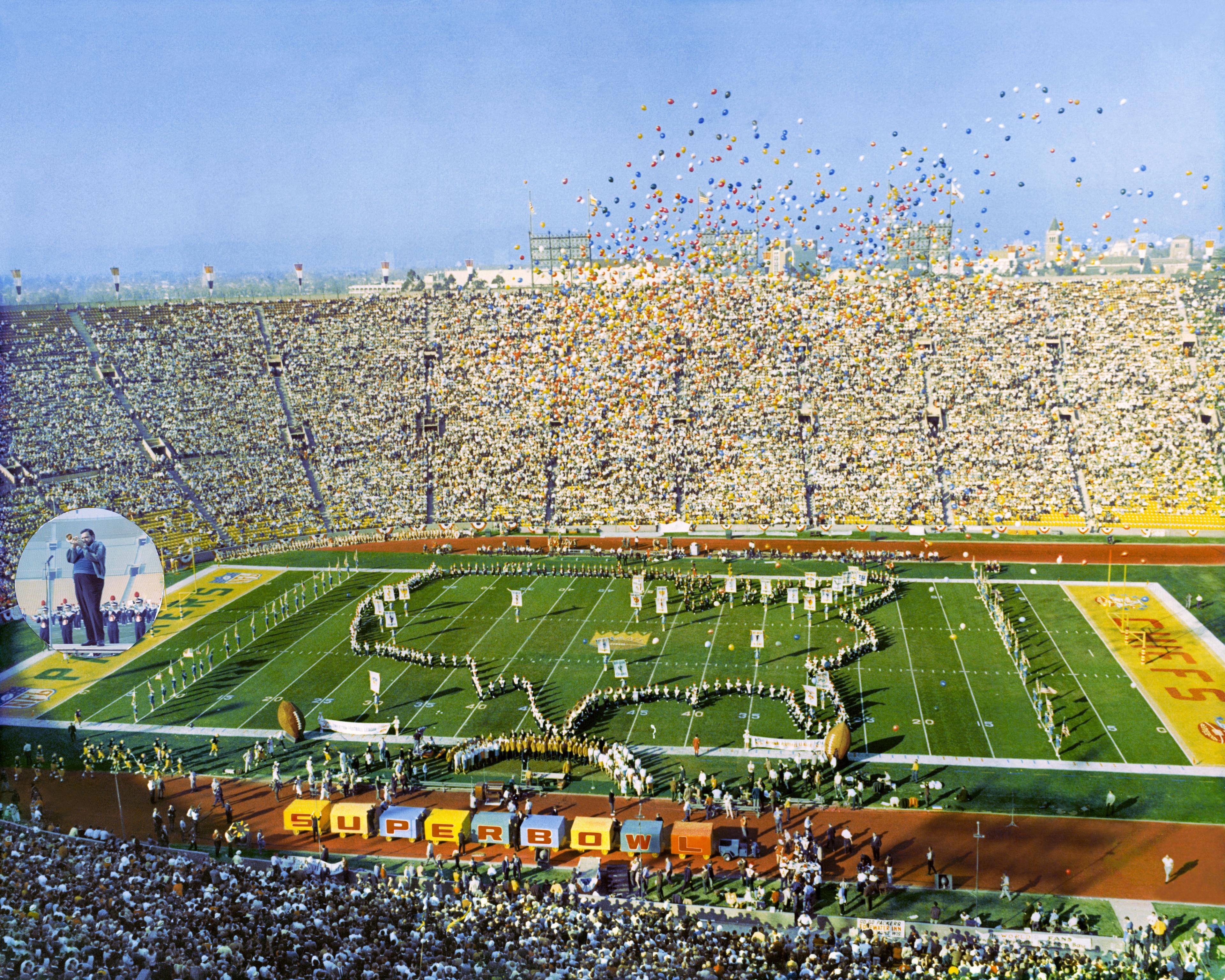 Moment image for Super Bowl I: Green Bay Packers defeated Kansas City Chiefs 35–10 at Los Angeles Memorial Coliseum in Los Angeles, California.