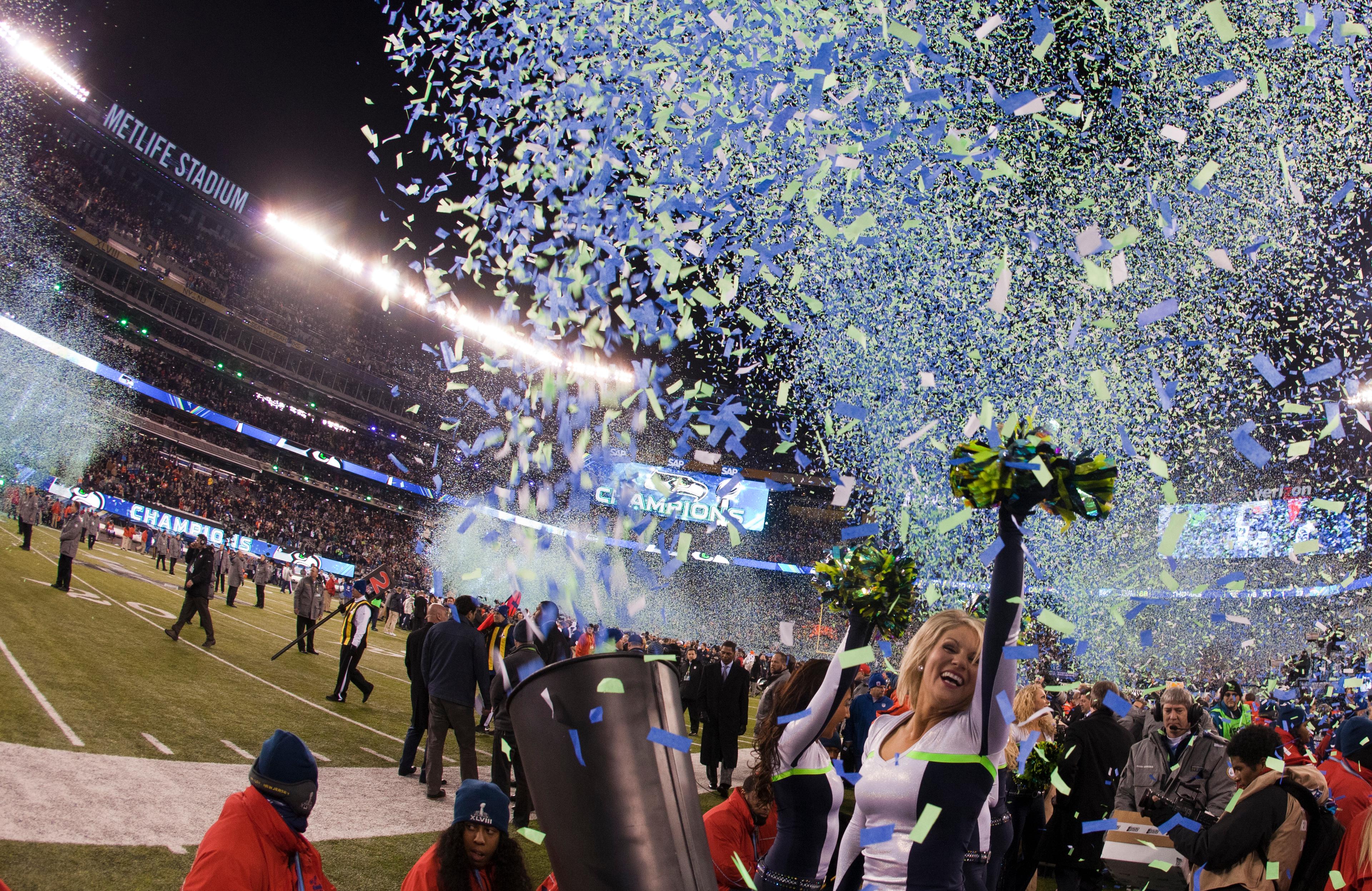 Moment image for Super Bowl XLVIII: Seattle Seahawks defeated Denver Broncos 43–8 at MetLife Stadium in East Rutherford, New Jersey.