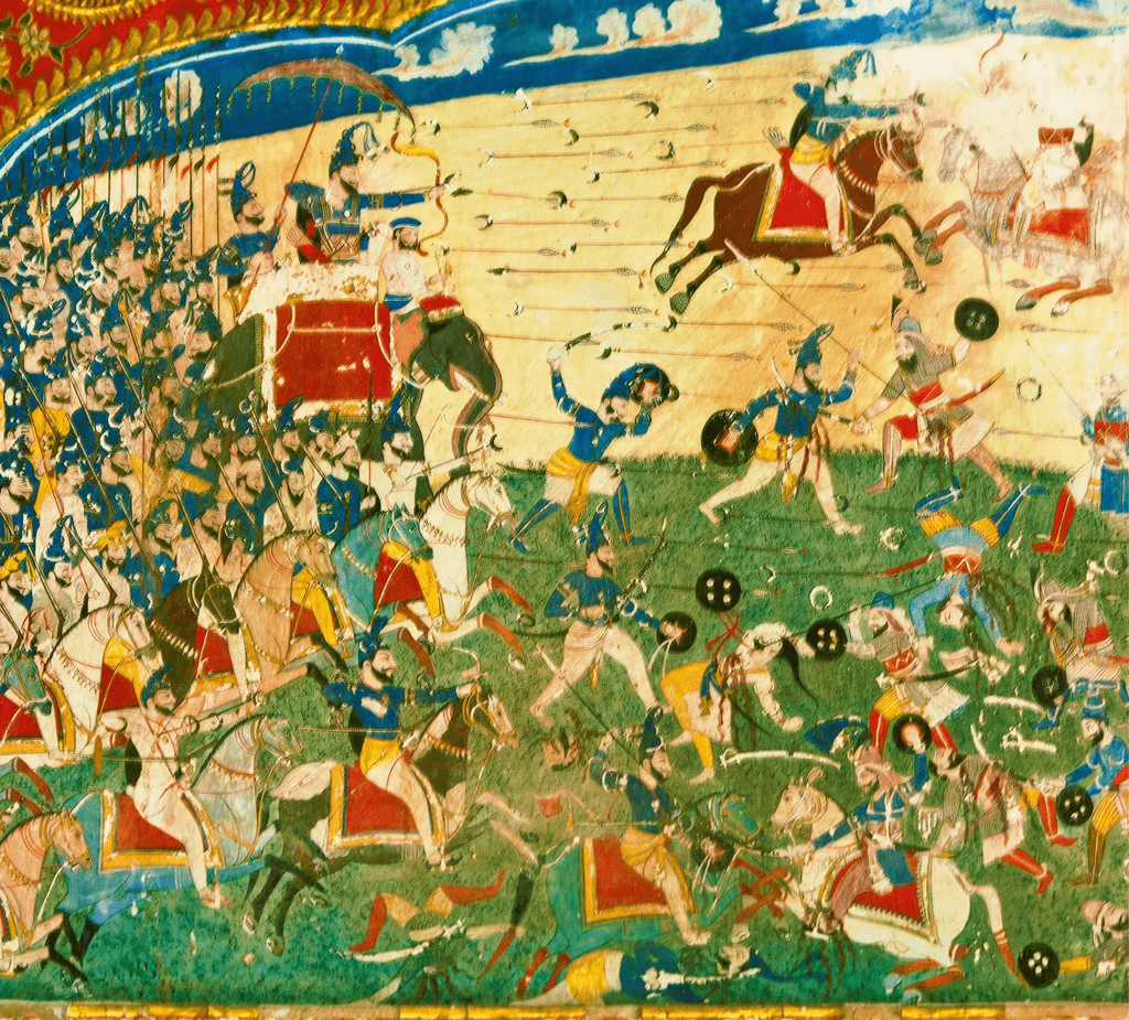 Moment image for Battle of Nowshera: Sikh Khalsa victory over Durrani forces, capturing Peshawar Valley in historical battle.