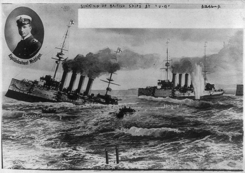 Moment image for German U-boat attack shifts naval strategy in WWI after sinking three British cruisers.