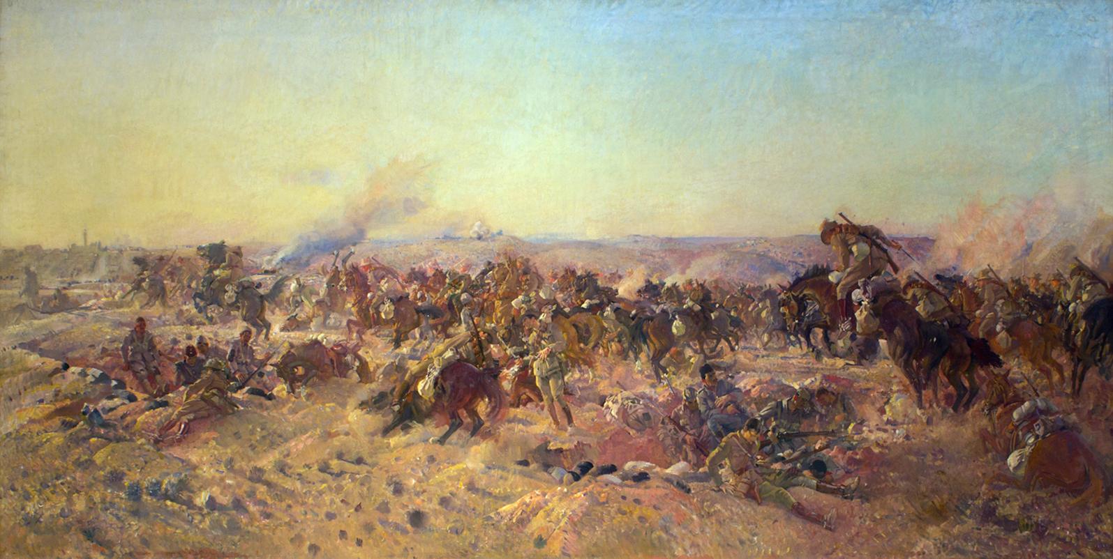 Moment image for British capture of Beersheba in WWI: a pivotal victory for Allied forces in Palestine.