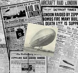 German Zeppelin raid on London shifts warfare; civilians targeted, casualties and damage inflicted.