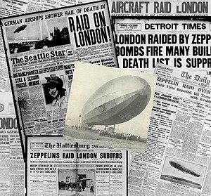 Moment image for German Zeppelin raid on London shifts warfare; civilians targeted, casualties and damage inflicted.