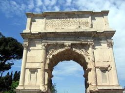 Roman Emperor Trajan's triumphal arch in Carthage honors victory over the Dacians in war.