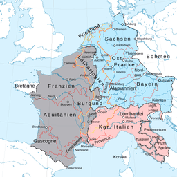 Division of Carolingian Empire: Luxembourg absorbed into Lotharingia.