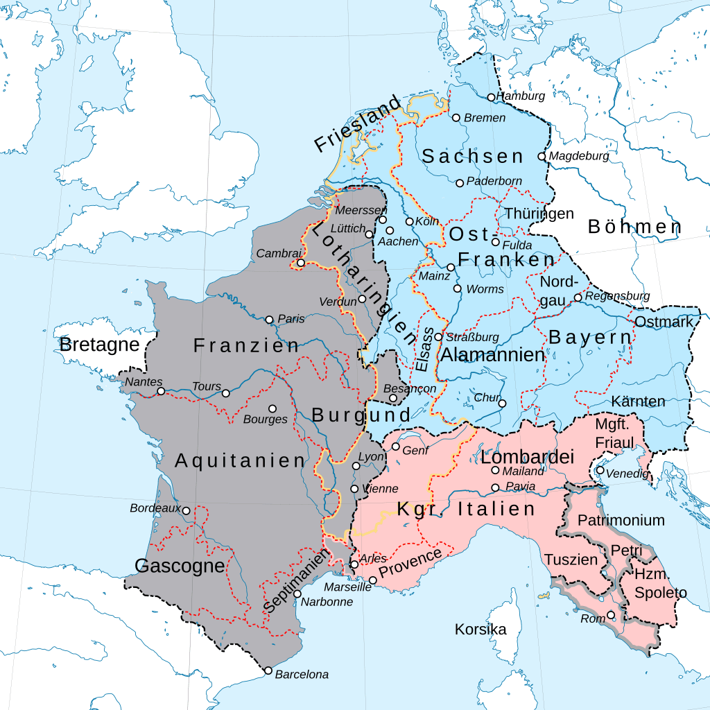 Moment image for Division of Carolingian Empire: Luxembourg absorbed into Lotharingia.