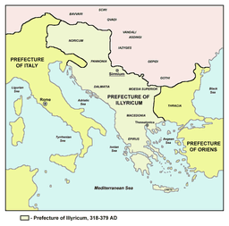 Division of Illyricum into Dalmatia and Pannonia.