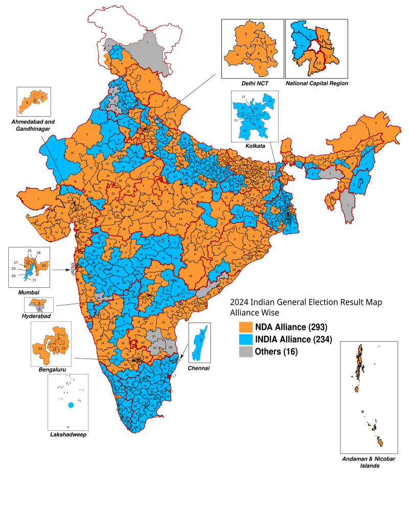 Moment image for Indian general election: BJP loses majority but NDA retains power with strategic alliances.