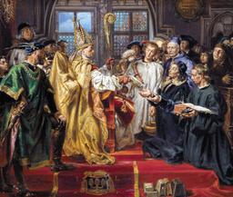 Coronation of Władysław I as King emphasizing his short stature and reign.