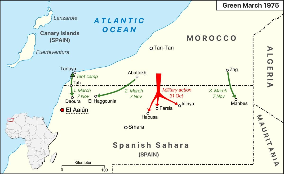 Moment image for Morocco acquired Spanish Sahara after the Green March, ending Spain's colonial control over the territory.