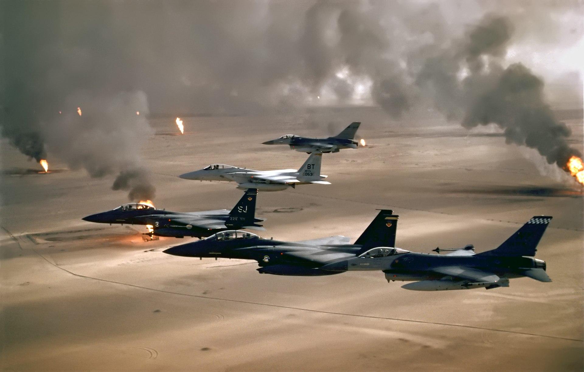 Moment image for Operation Desert Storm: UN mandate leads to Kuwait liberation through coalition military action.