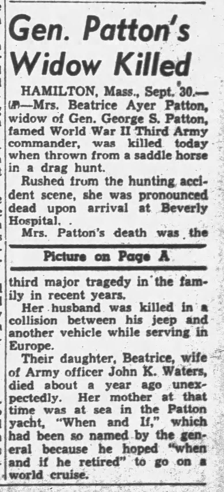Moment image for Death of Beatrice Patton Due to Ruptured Aneurysm in September 1953