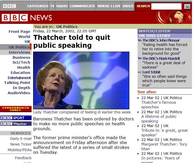 Moment image for Margaret Thatcher announced she would no longer engage in public speaking due to health issues