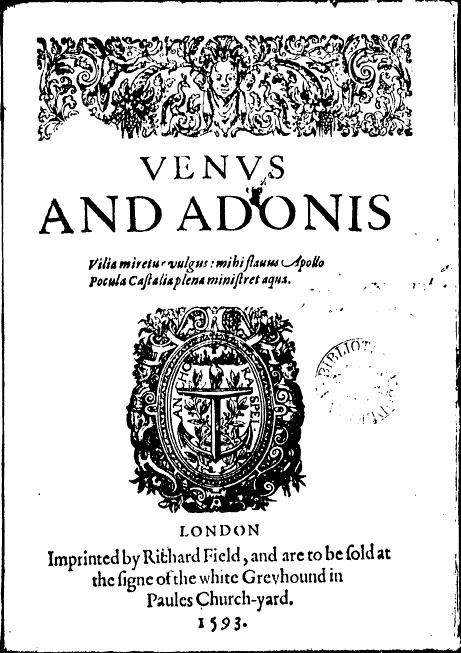 Moment image for Shakespeare's *Venus and Adonis*: Literary debut in poetry, dedicated to Earl of Southampton.