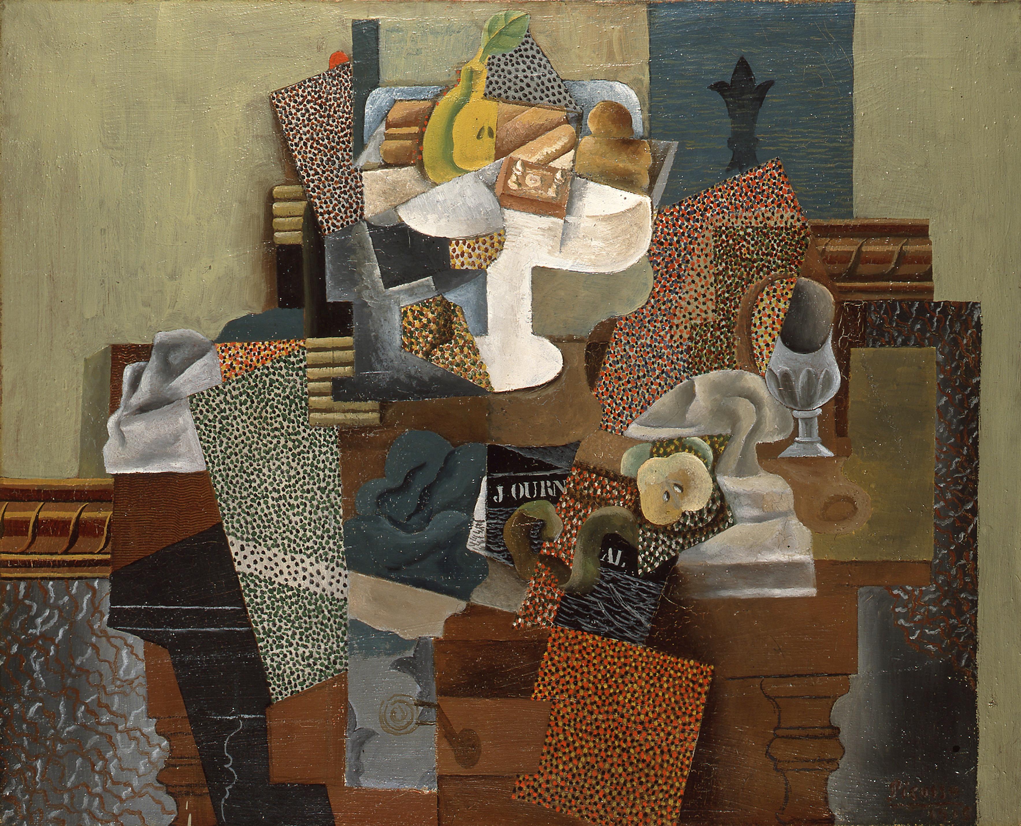 Moment image for Picasso's Synthestic Cubism: "Nature morte au compotier" challenges traditions, evolves style, and broadens modern art.