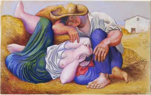 Moment image for Picasso's "Painted Sleeping Peasants" exemplifies post-WWI modernist art at the MoMA.