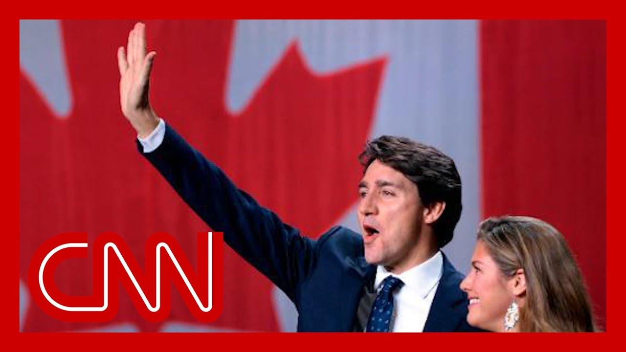 Moment image for Justin Trudeau's Liberal party wins election without securing a parliamentary majority.