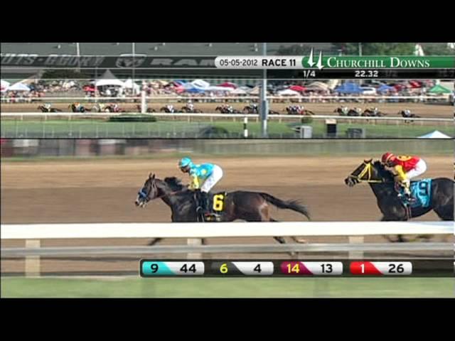 Moment image for I'll Have Another wins the race with Mario Gutierrez riding at lightning speed.