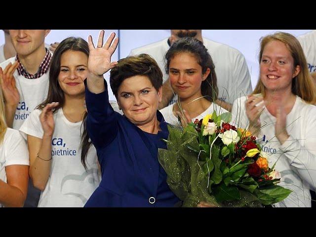 Moment image for Law and Justice party emerges victorious in Polish parliamentary election, securing leadership.