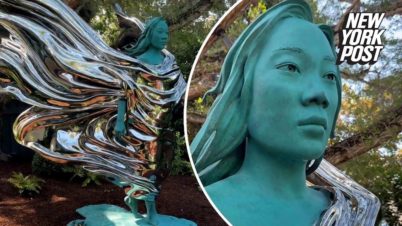 Moment image for 7ft-tall green and silver statue of Chan commissioned by her husband Mark Zuckerberg was unveiled on Zuckerberg's Instagram account