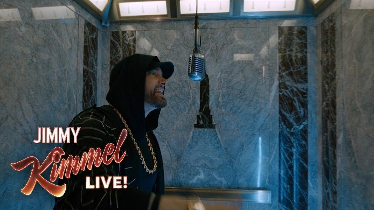Moment image for Eminem's "Venom" performance at Empire State Building aligns with Marvel movie and album promotion.