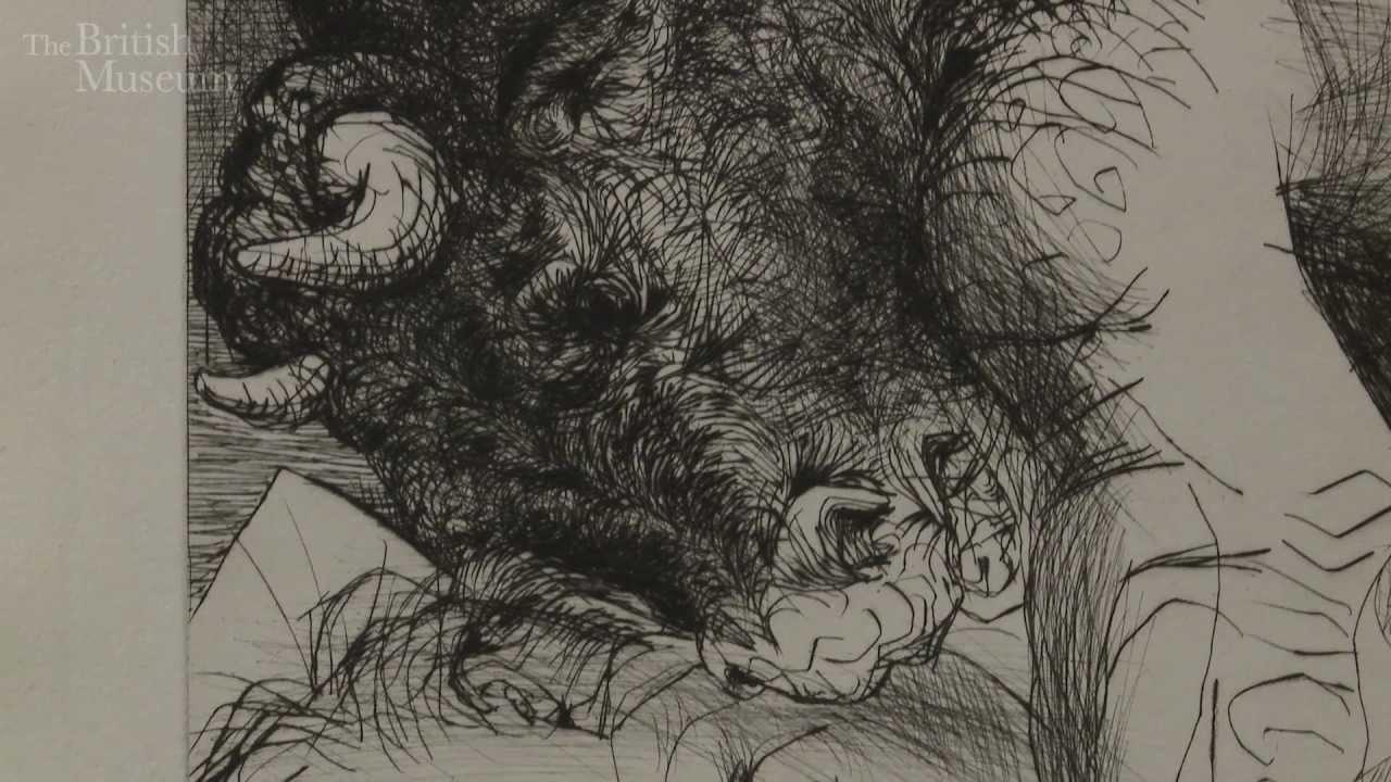 Moment image for Transformation from harlequin to Minotaur: Picasso's surreal shift in Vollard Suite etchings.