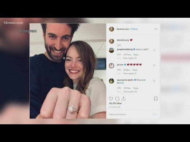 Moment image for Emma Stone announces engagement to SNL's Dave McCary in a rare public declaration.
