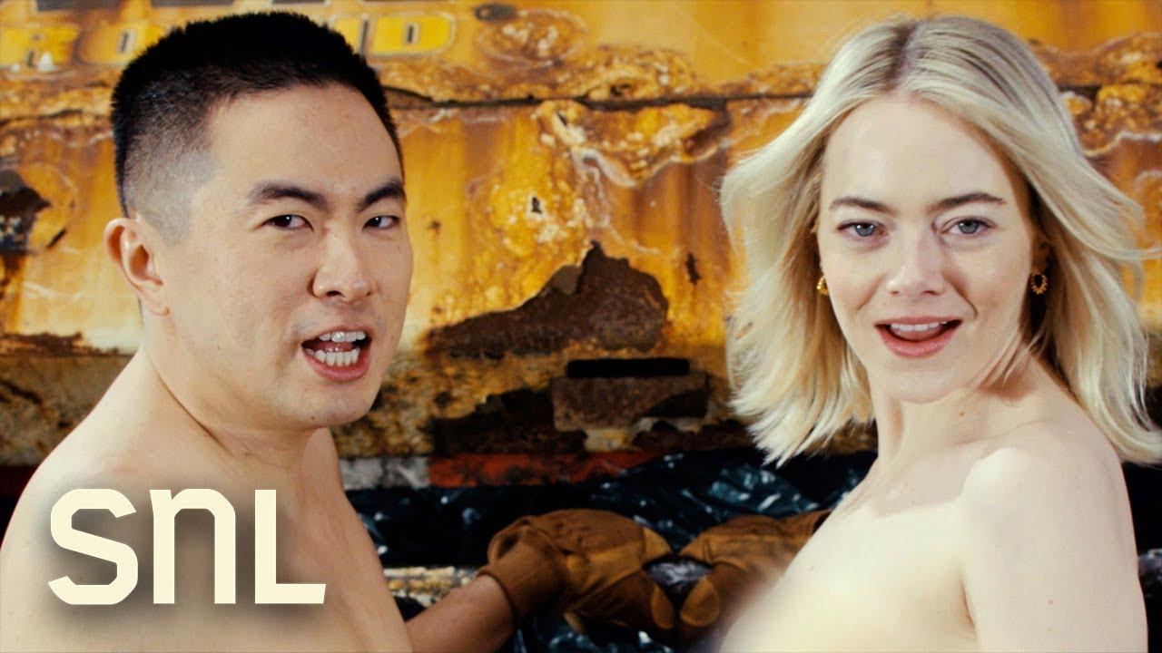 Moment image for Emma Stone debuts musical talent with SNL cast in 'Fully Naked in New York' single.