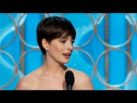 Moment image for Anne Hathaway's Golden Globe win for Best Supporting Actress in "Les Misérables" signifies career success.