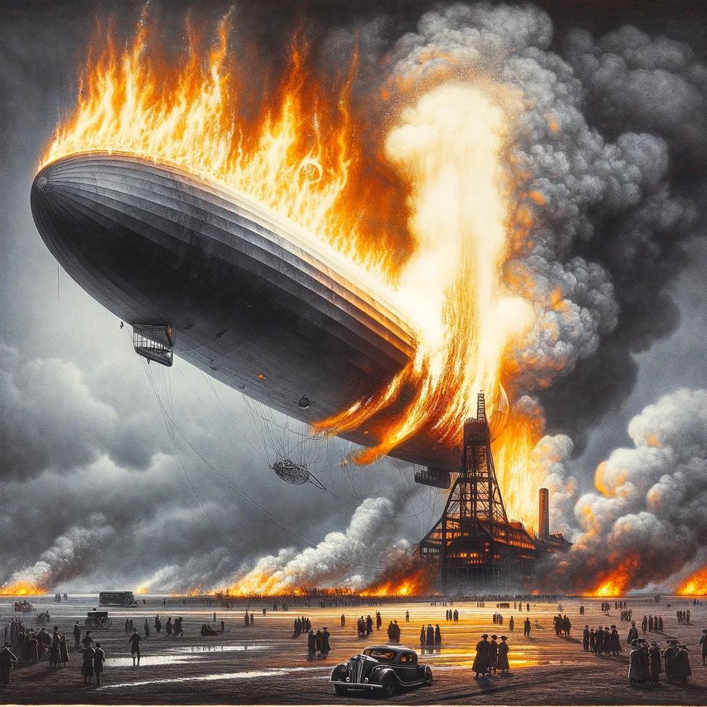 Moment image for Hindenburg airship catches fire during landing, leading to 36 fatalities in New Jersey.