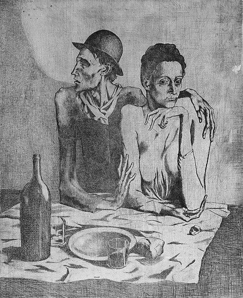 Moment image for Picasso's "The Frugal Repast": A poignant reflection of poverty and human suffering in art.