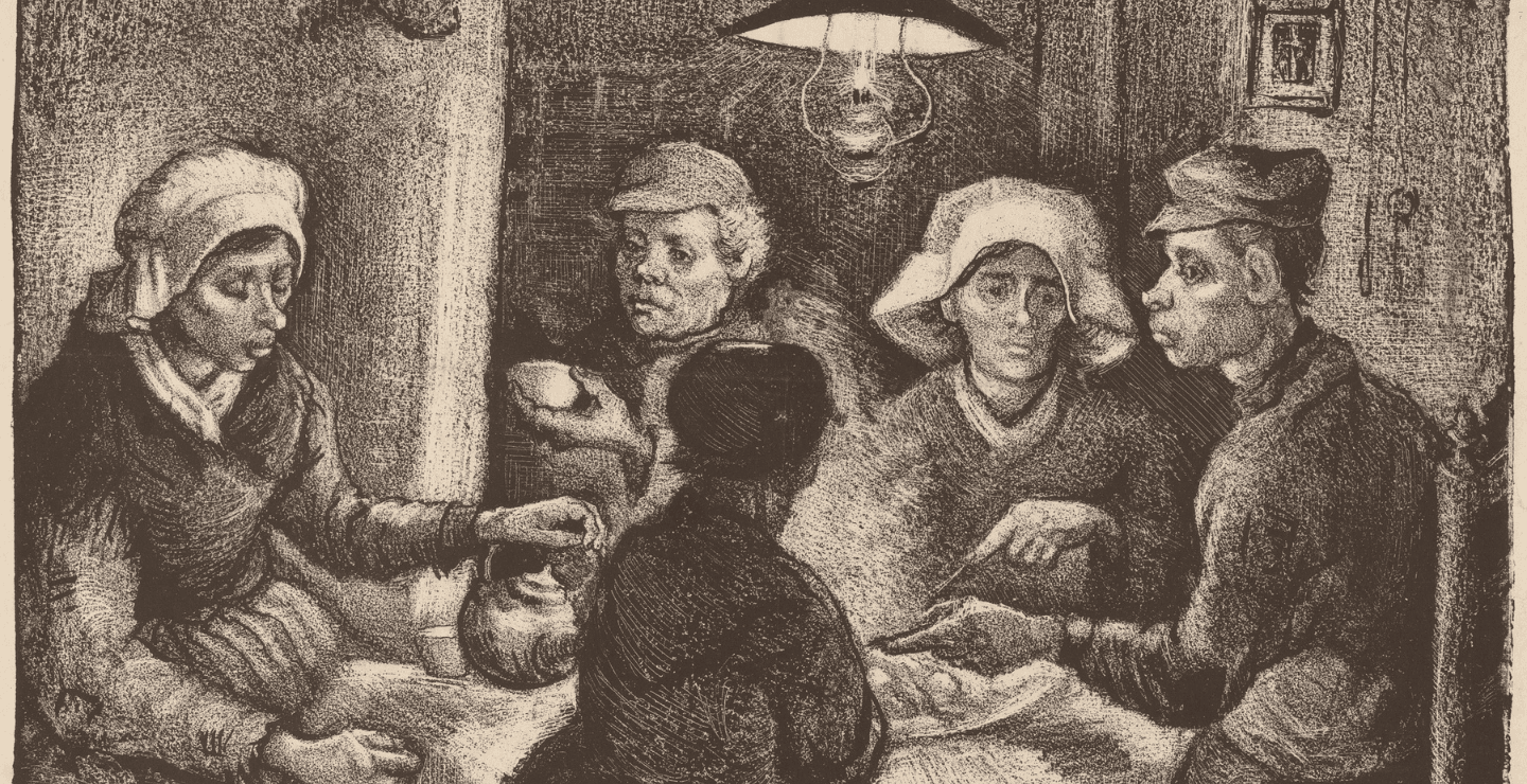 Moment image for Van Gogh's "The Potato Eaters" shapes his artistic direction with raw depiction of peasant life.