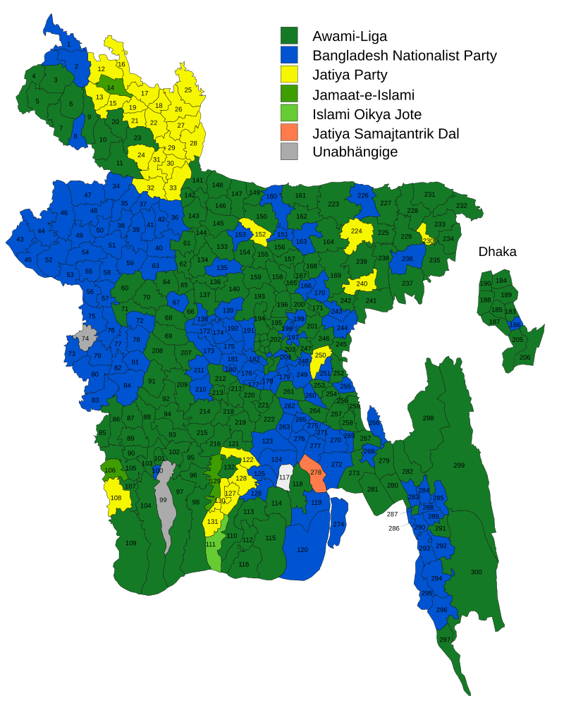 Moment image for Awami League: Sheikh Hasina Wajed elected, following in father's footsteps as party regains power.