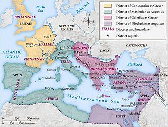 Moment image for Emperor Diocletian's division: Western and Eastern Roman Empires established for governance efficiency.