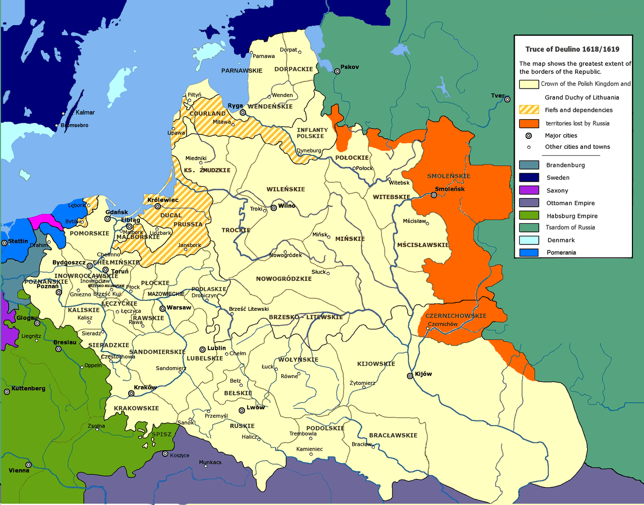 Moment image for Treaty of Deulino solidifies Russian victory in a war with Poland-Lithuania.